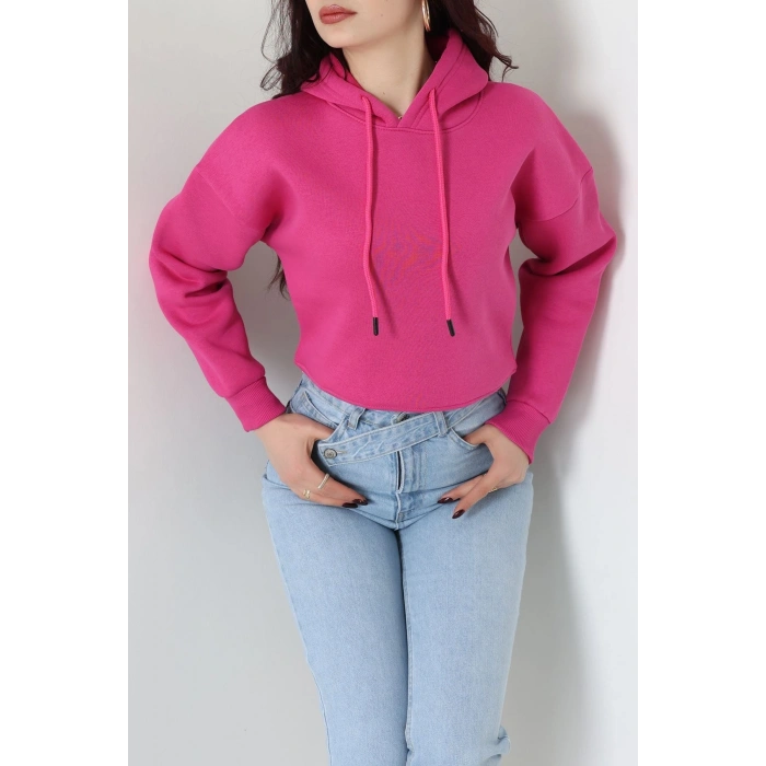 3 İplik Kapşonlu Crop Sweat Fuşya - 20959.1878.