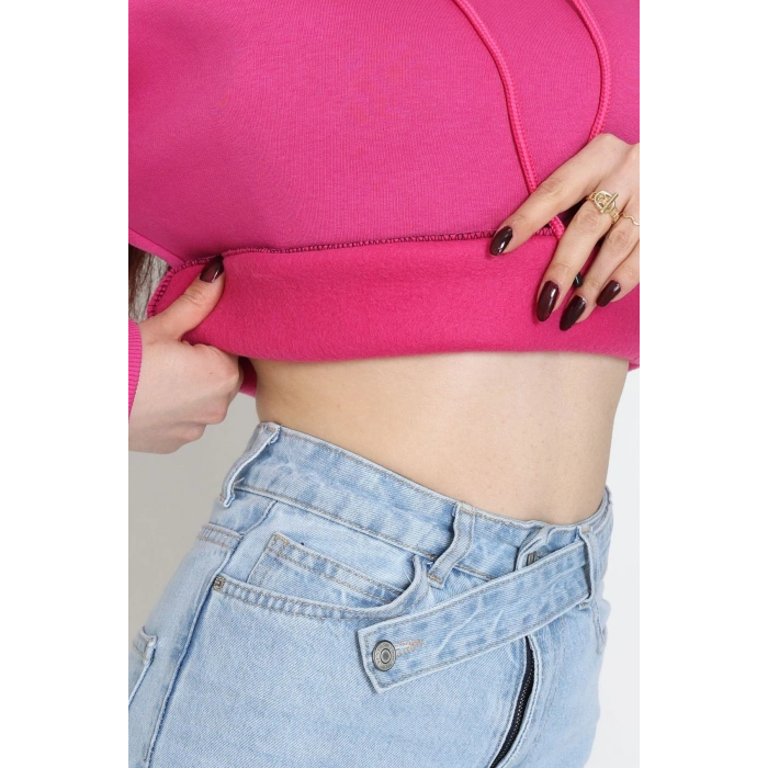 3 İplik Kapşonlu Crop Sweat Fuşya - 20959.1878.