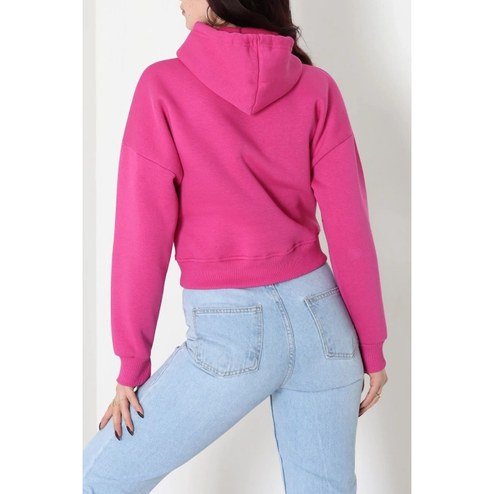 3 İplik Kapşonlu Crop Sweat Fuşya - 20959.1878.