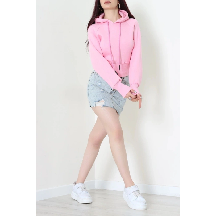 3 İplik Kapşonlu Crop Sweat Pudra - 20967.1878.
