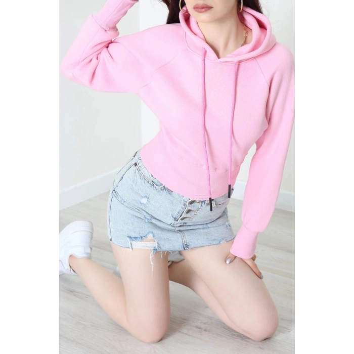 3 İplik Kapşonlu Crop Sweat Pudra - 20967.1878.