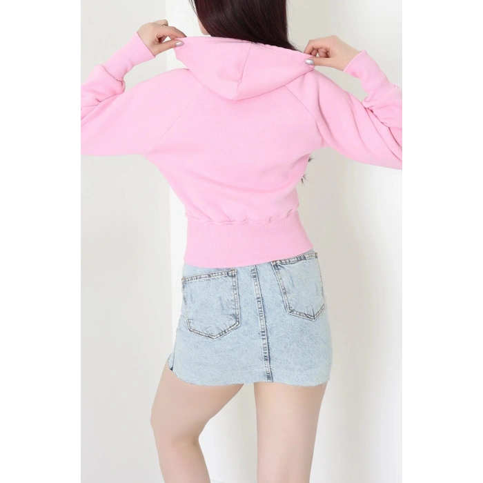 3 İplik Kapşonlu Crop Sweat Pudra - 20967.1878.