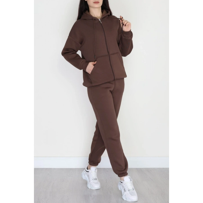 3 İplik Kapşonlu Eşofman Takımı Acıkahve - 20255.1878.