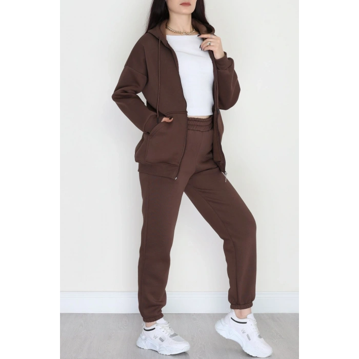 3 İplik Kapşonlu Eşofman Takımı Acıkahve - 20255.1878.