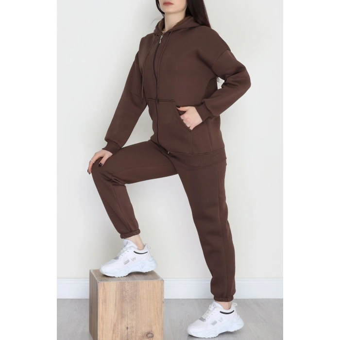 3 İplik Kapşonlu Eşofman Takımı Acıkahve - 20255.1878.