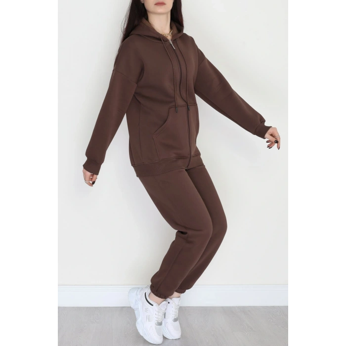 3 İplik Kapşonlu Eşofman Takımı Acıkahve - 20255.1878.