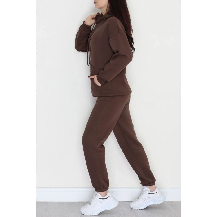 3 İplik Kapşonlu Eşofman Takımı Acıkahve - 20255.1878.