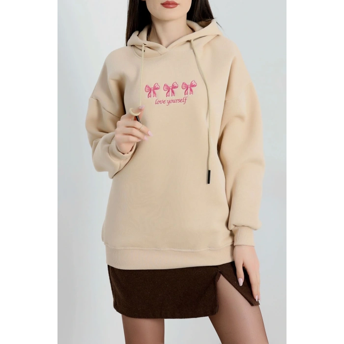 3 İplik Kapşonlu Nakışlı Sweat Bejpembe - 42219.1878.