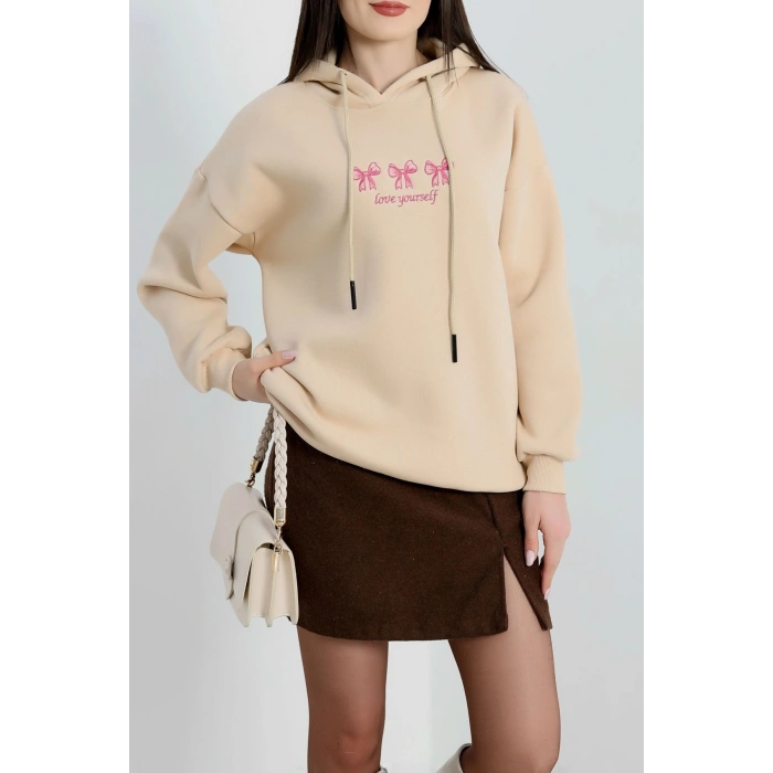 3 İplik Kapşonlu Nakışlı Sweat Bejpembe - 42219.1878.