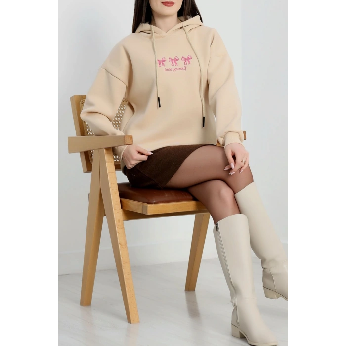 3 İplik Kapşonlu Nakışlı Sweat Bejpembe - 42219.1878.