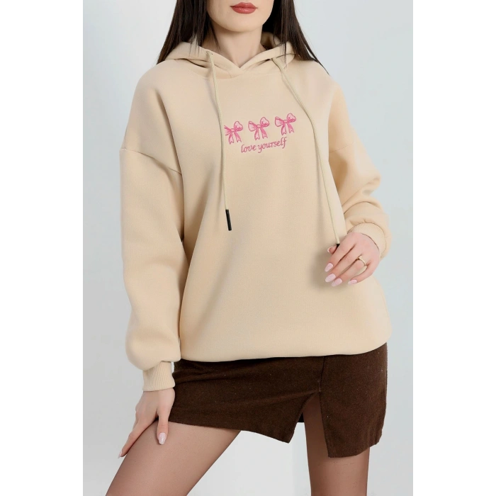 3 İplik Kapşonlu Nakışlı Sweat Bejpembe - 42219.1878.