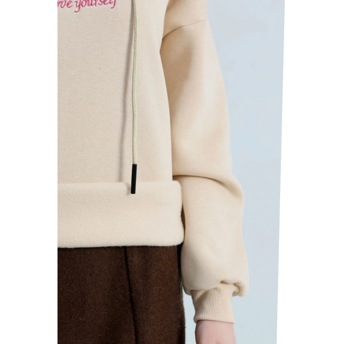 3 İplik Kapşonlu Nakışlı Sweat Bejpembe - 42219.1878.