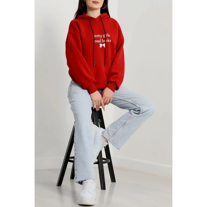 3 İplik Kapşonlu Nakışlı Sweat Bordobeyaz - 42228.1878.