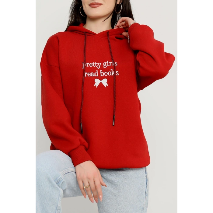 3 İplik Kapşonlu Nakışlı Sweat Bordobeyaz - 42228.1878.