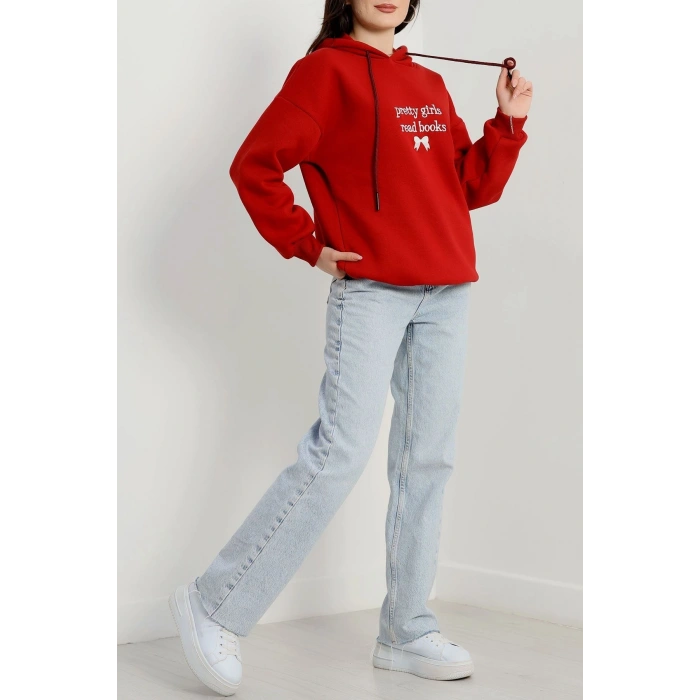 3 İplik Kapşonlu Nakışlı Sweat Bordobeyaz - 42228.1878.