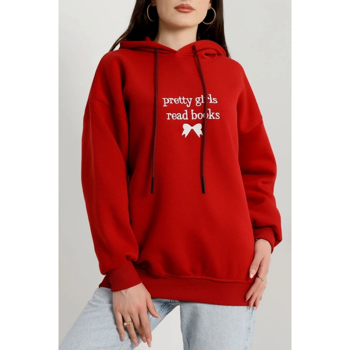 3 İplik Kapşonlu Nakışlı Sweat Bordobeyaz - 42228.1878.