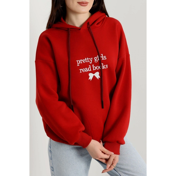 3 İplik Kapşonlu Nakışlı Sweat Bordobeyaz - 42228.1878.