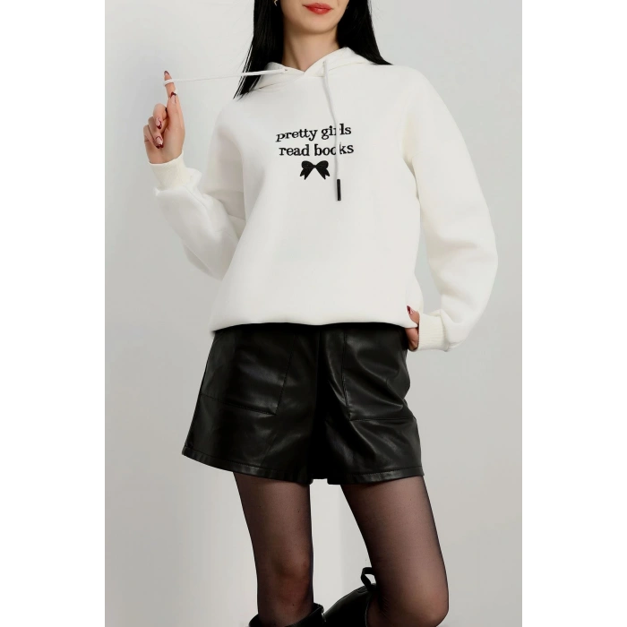 3 İplik Kapşonlu Nakışlı Sweat Ekrusiyah - 42228.1878.