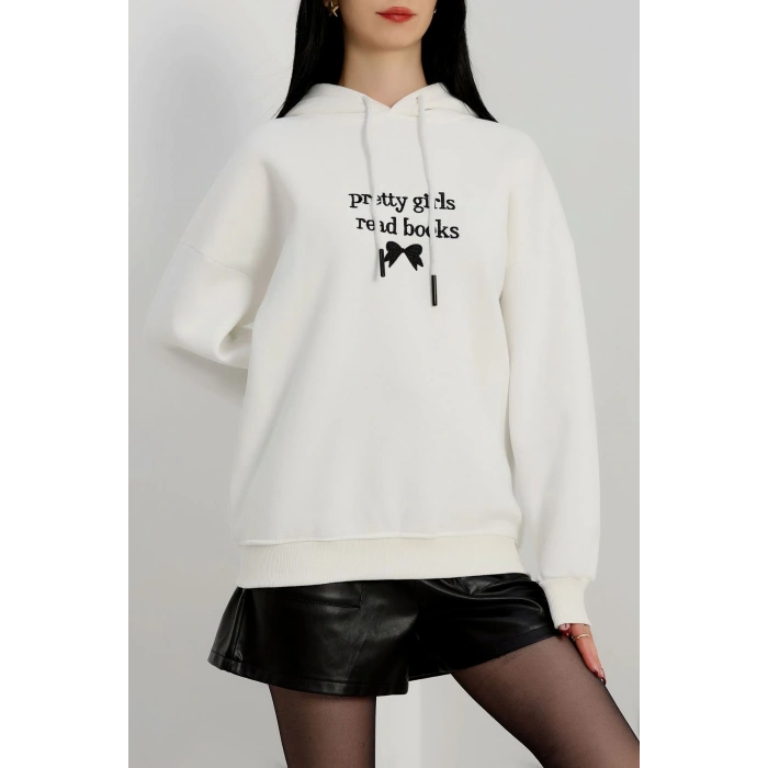 3 İplik Kapşonlu Nakışlı Sweat Ekrusiyah - 42228.1878.