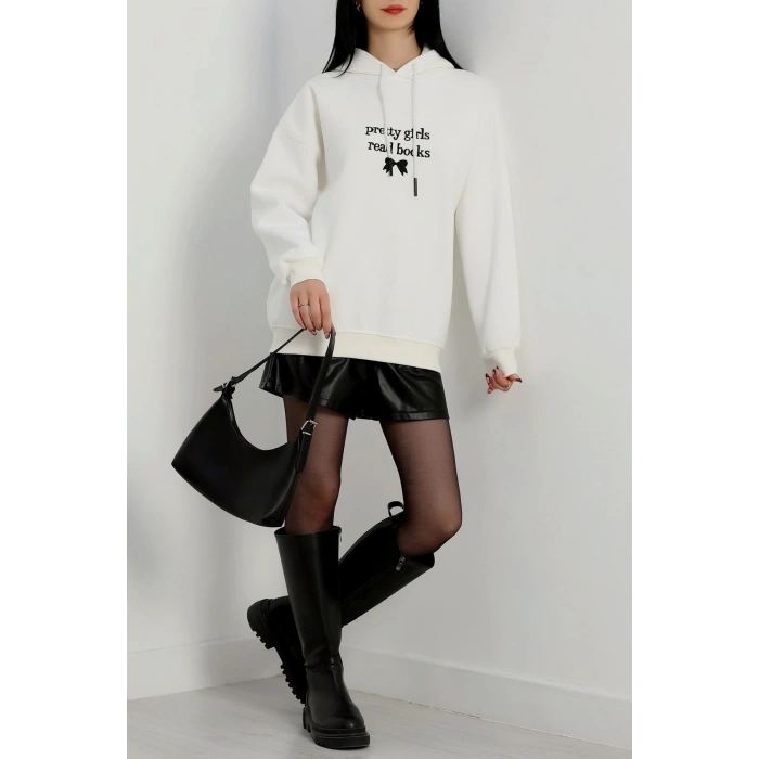 3 İplik Kapşonlu Nakışlı Sweat Ekrusiyah - 42228.1878.