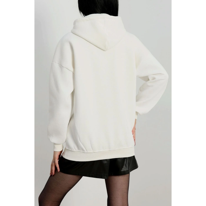 3 İplik Kapşonlu Nakışlı Sweat Ekrusiyah - 42228.1878.