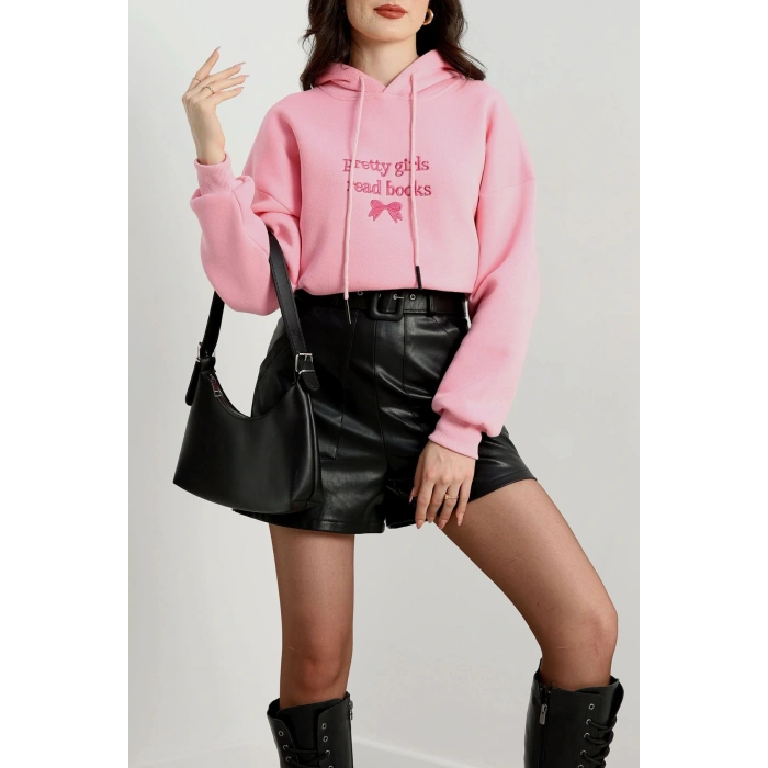 3 İplik Kapşonlu Nakışlı Sweat Pembe - 42228.1878.