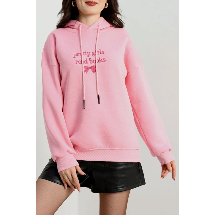 3 İplik Kapşonlu Nakışlı Sweat Pembe - 42228.1878.