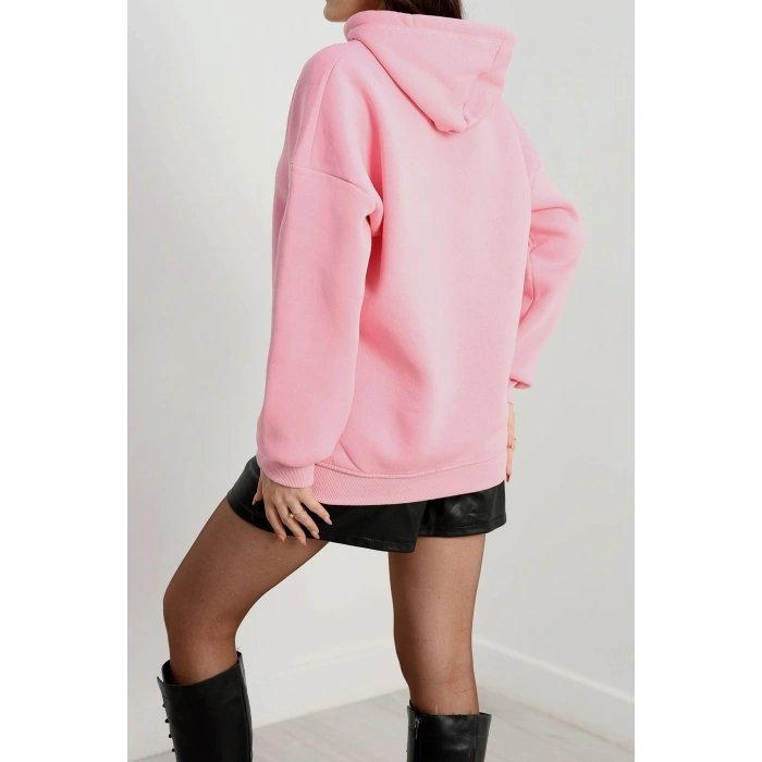 3 İplik Kapşonlu Nakışlı Sweat Pembe - 42228.1878.