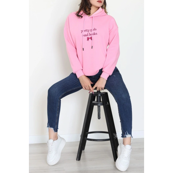 3 İplik Kapşonlu Nakışlı Sweat Pembemor - 42228.1878.