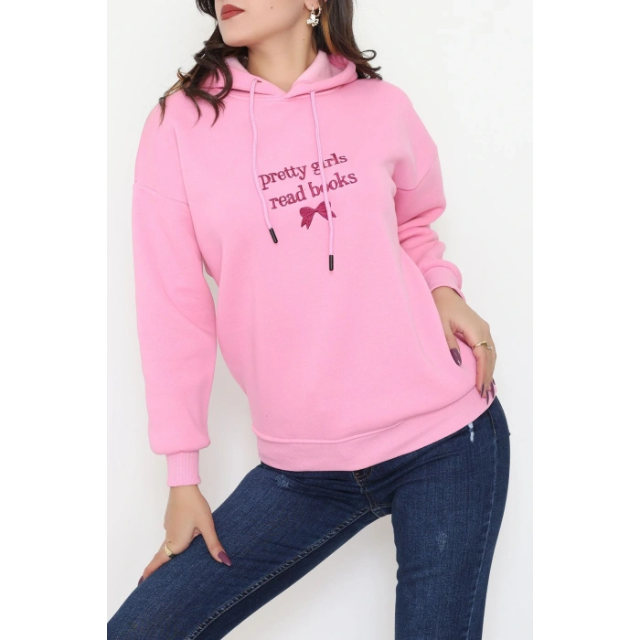 3 İplik Kapşonlu Nakışlı Sweat Pembemor - 42228.1878.