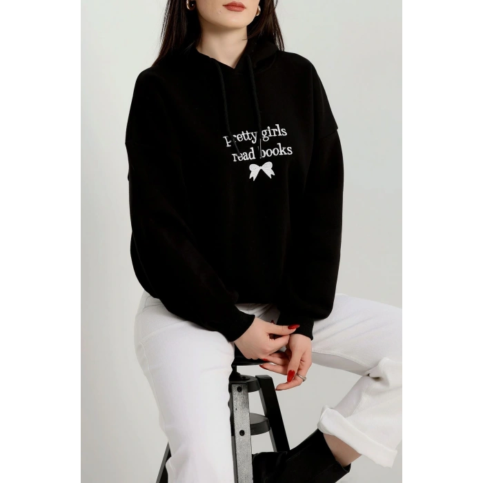 3 İplik Kapşonlu Nakışlı Sweat Siyahbeyaz - 42228.1878.