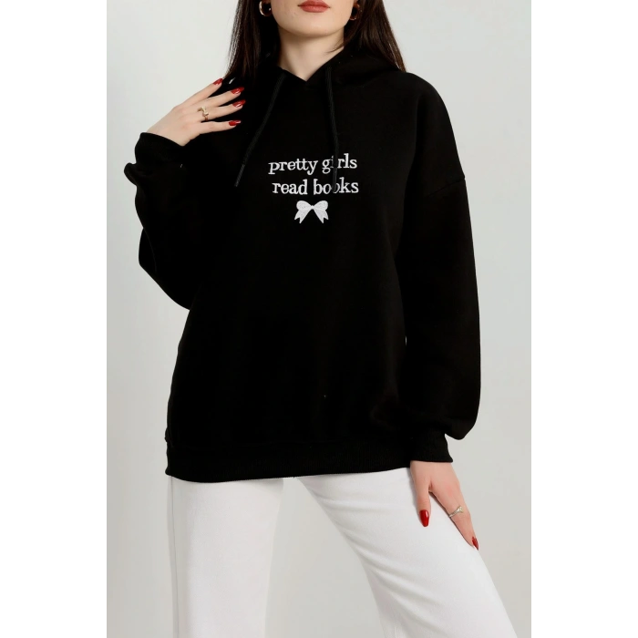 3 İplik Kapşonlu Nakışlı Sweat Siyahbeyaz - 42228.1878.