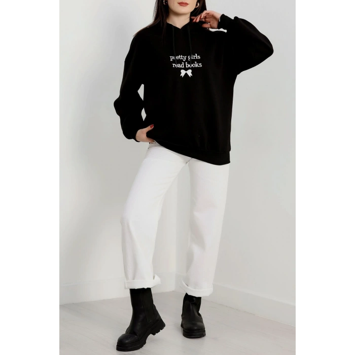 3 İplik Kapşonlu Nakışlı Sweat Siyahbeyaz - 42228.1878.