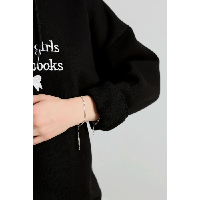 3 İplik Kapşonlu Nakışlı Sweat Siyahbeyaz - 42228.1878.