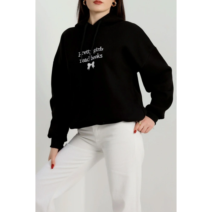 3 İplik Kapşonlu Nakışlı Sweat Siyahbeyaz - 42228.1878.