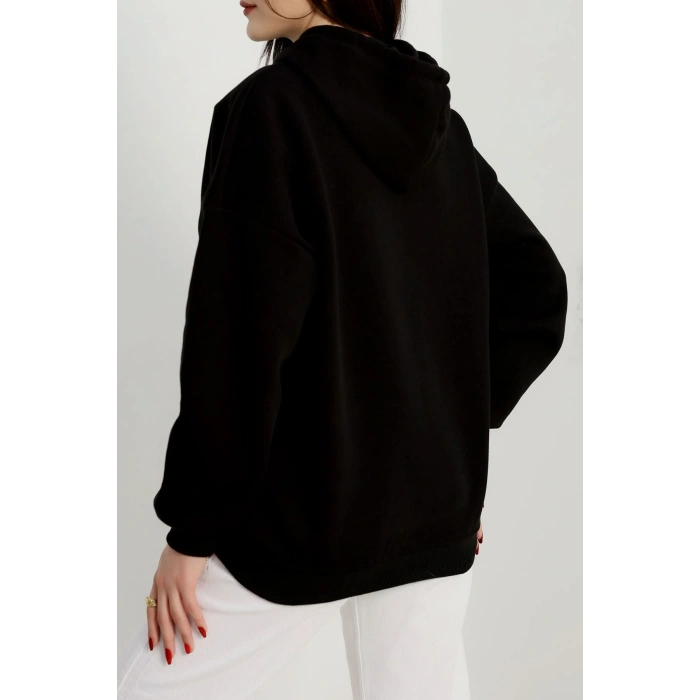 3 İplik Kapşonlu Nakışlı Sweat Siyahbeyaz - 42228.1878.