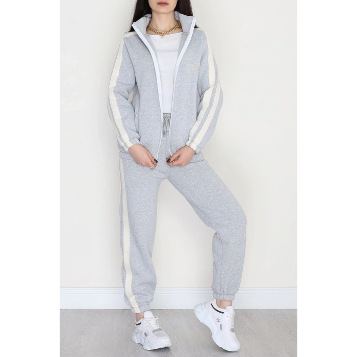 3 İplik Keten Şeritli Eşofman Takım Gri - 40017.1857.