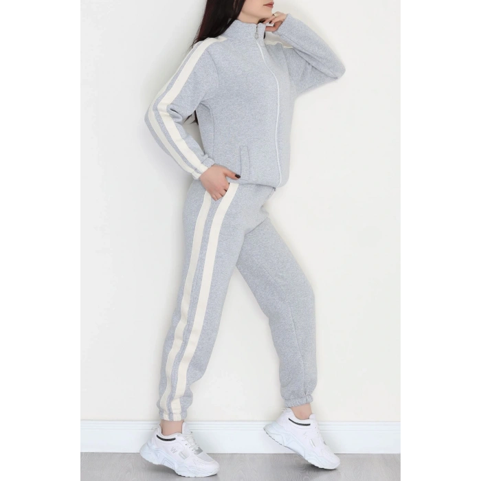 3 İplik Keten Şeritli Eşofman Takım Gri - 40017.1857.