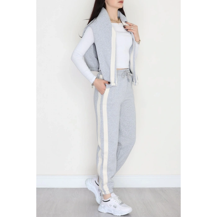 3 İplik Keten Şeritli Eşofman Takım Gri - 40017.1857.