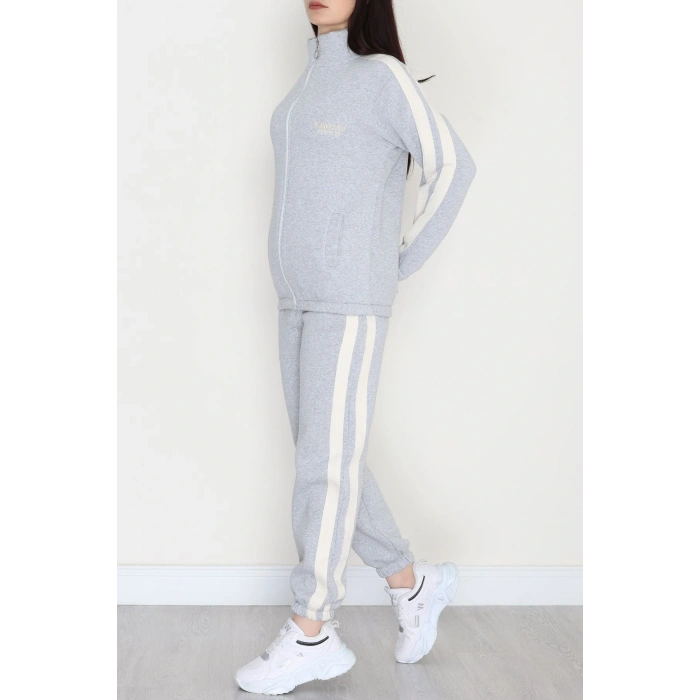 3 İplik Keten Şeritli Eşofman Takım Gri - 40017.1857.