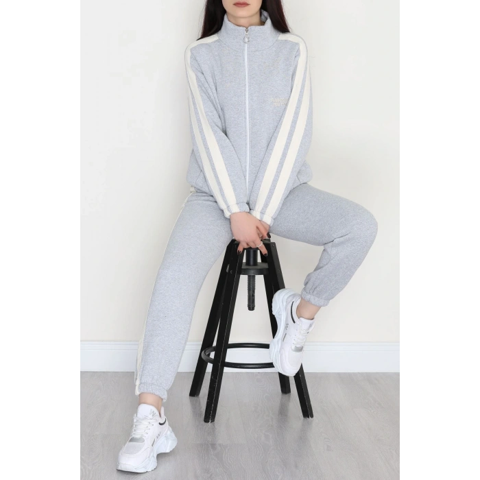 3 İplik Keten Şeritli Eşofman Takım Gri - 40017.1857.