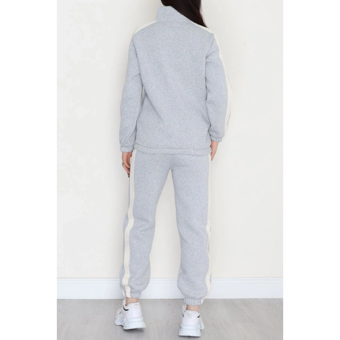 3 İplik Keten Şeritli Eşofman Takım Gri - 40017.1857.