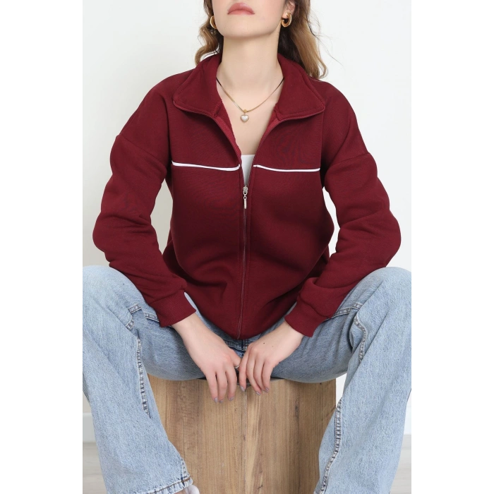 3 İplik Kompakt Oversize Biye Detaylı Sweat Bordo - 42505.1878.