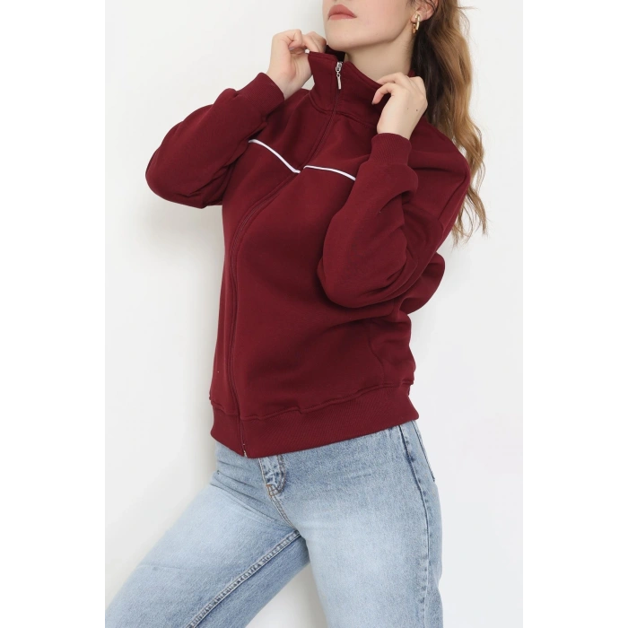 3 İplik Kompakt Oversize Biye Detaylı Sweat Bordo - 42505.1878.