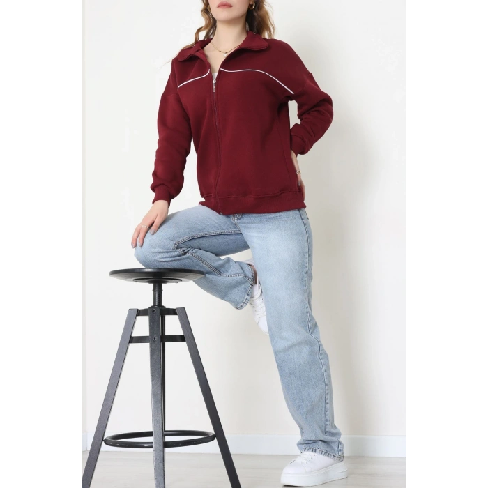 3 İplik Kompakt Oversize Biye Detaylı Sweat Bordo - 42505.1878.