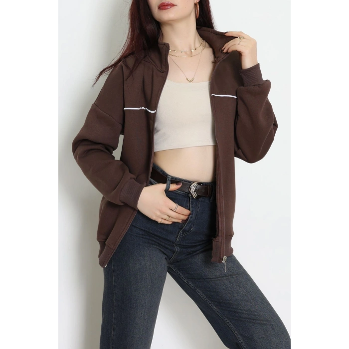3 İplik Kompakt Oversize Biye Detaylı Sweat Kahve - 42505.1878.