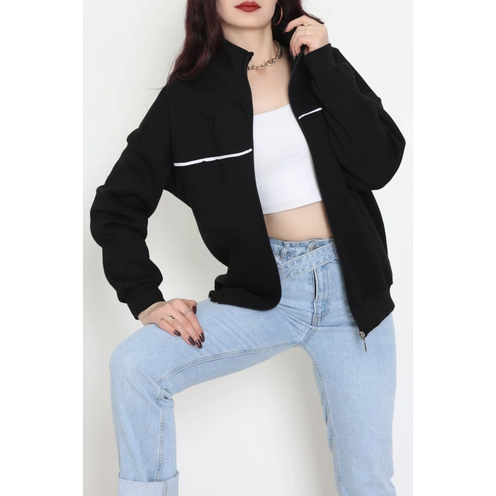 3 İplik Kompakt Oversize Biye Detaylı Sweat Siyah - 42505.1878.