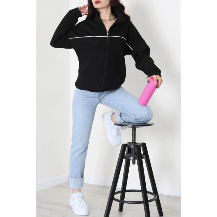3 İplik Kompakt Oversize Biye Detaylı Sweat Siyah - 42505.1878.