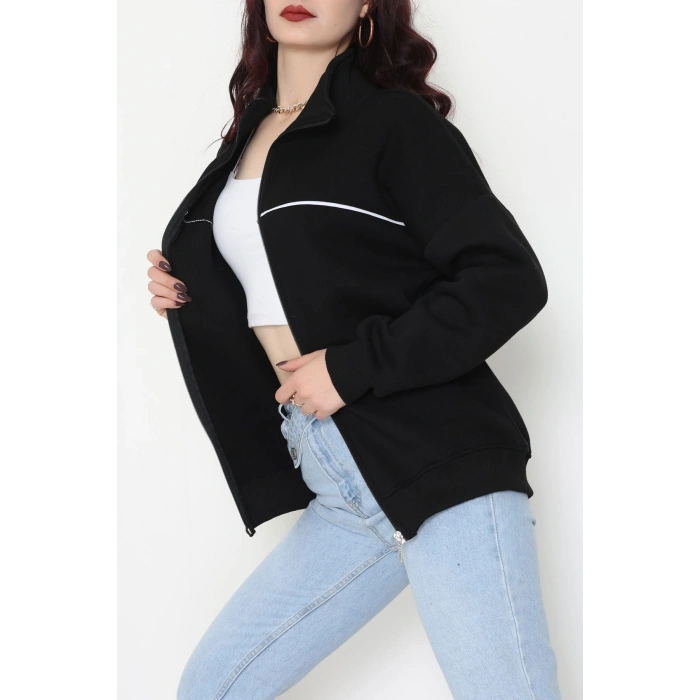 3 İplik Kompakt Oversize Biye Detaylı Sweat Siyah - 42505.1878.