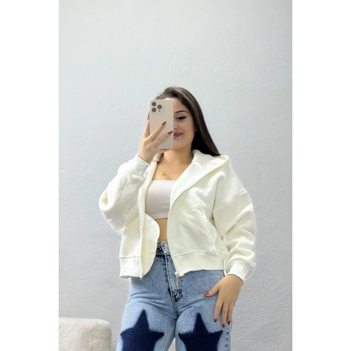 3 İplik Kompakt Oversize Fleto Cepli Sweat Ekru - 42506.1878.